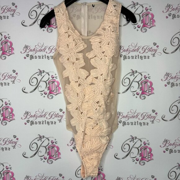 Tops - Bodysuit floral see through sexy stunning peach orange pink light nude dance